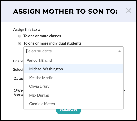 CommonLit's "assign" page for text "Mother to Son."