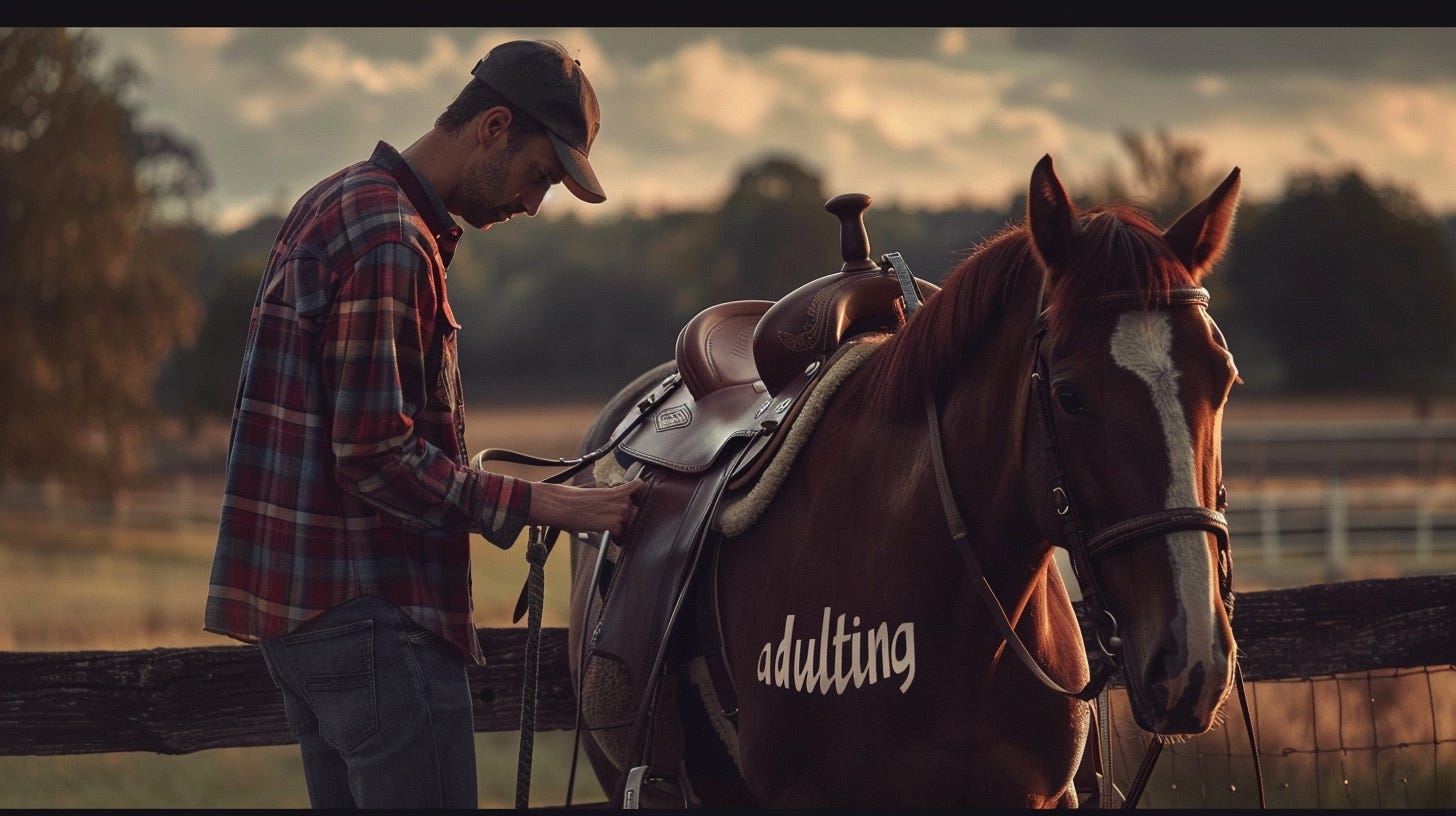 A man contemplating getting on a horse called "adulting"