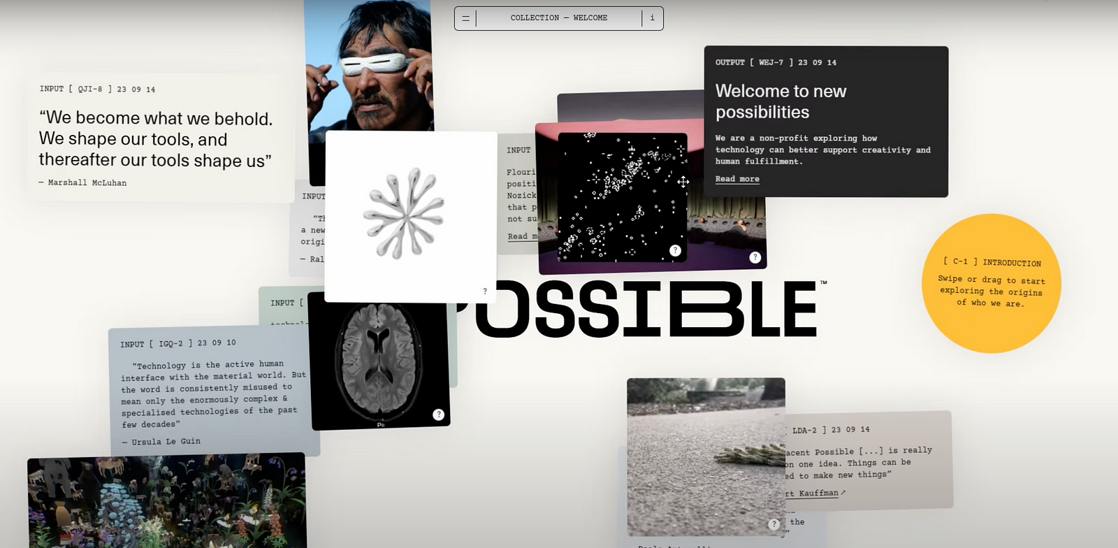 A collage-style webpage featuring text snippets, quotes, images, and a black logo that reads “POSSIBLE.” Various overlapping cards show technology, human creativity, and graphical elements.