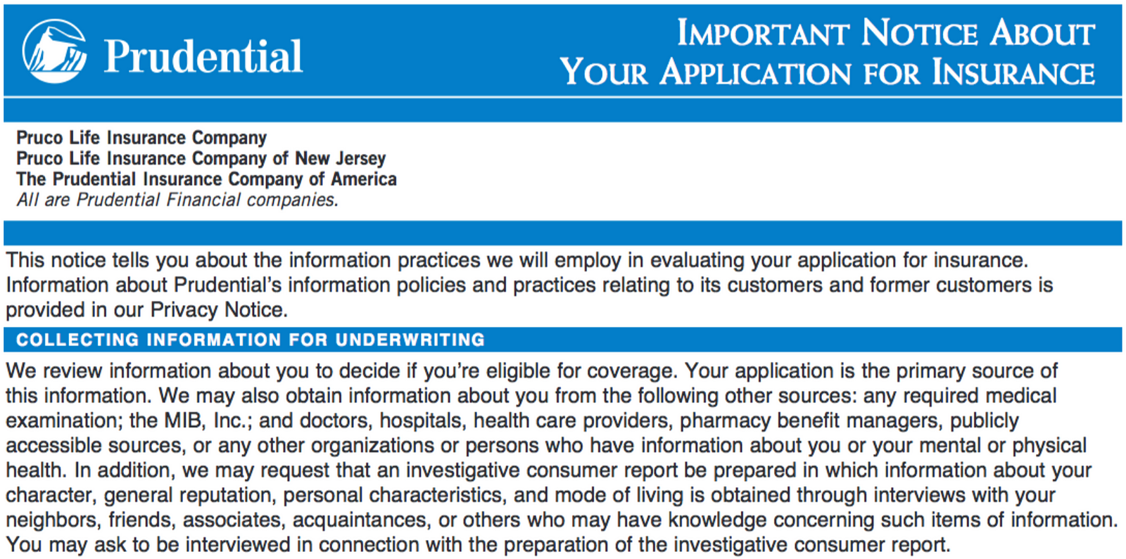 An MIB Inc privacy disclosure from Prudential Insurance pany