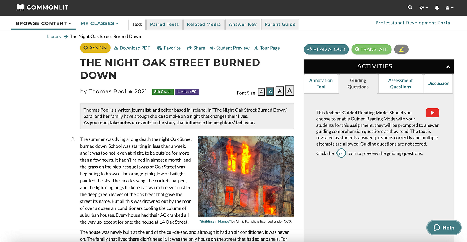 The CommonLit Original lesson "The Night Oak Street Burned Down."