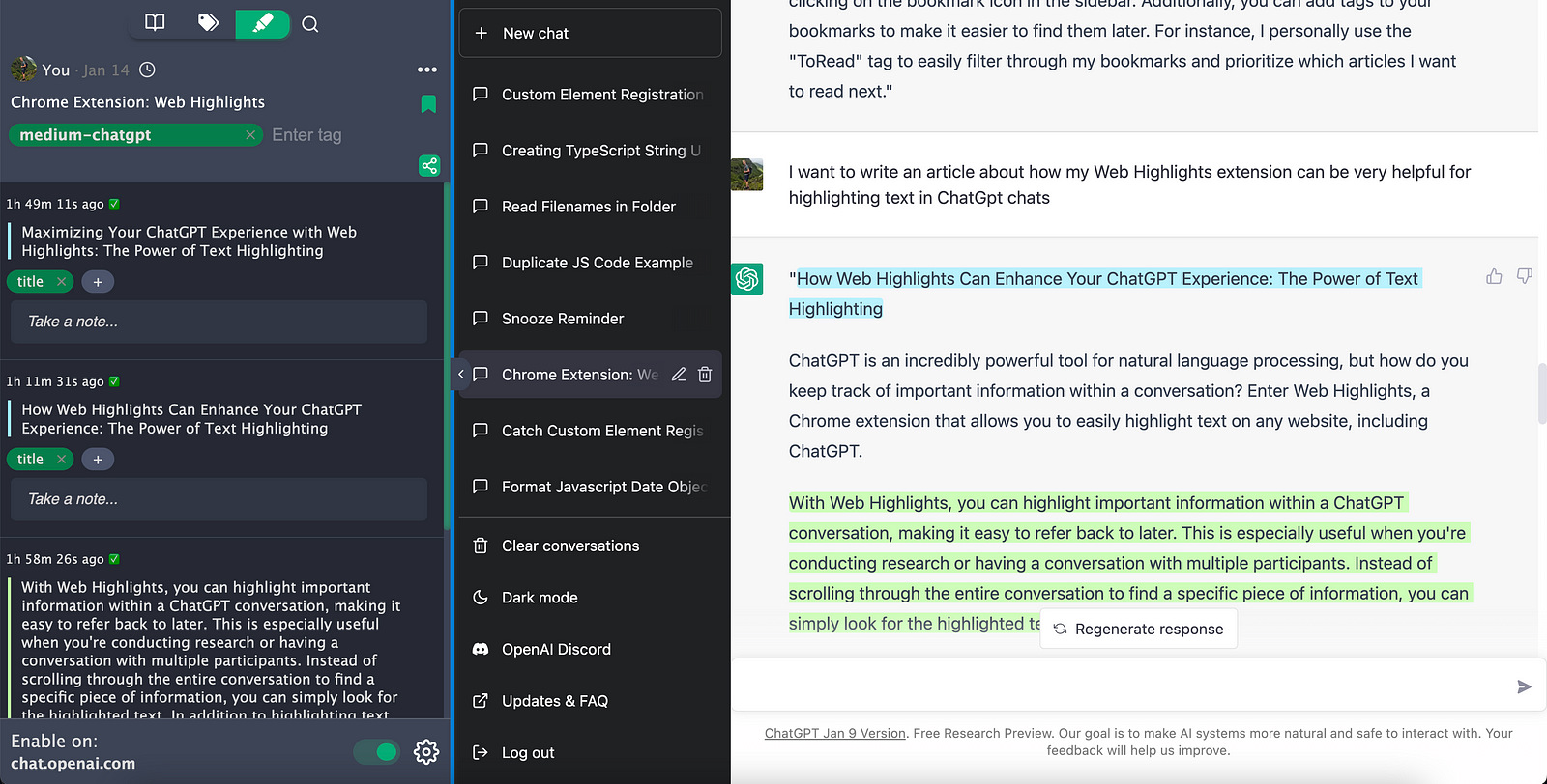 Screenshot: ChatGPT + Web Highlights workspace