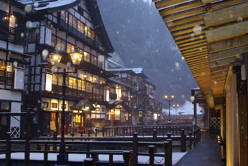 Snow falls on 100 year-old ryokan in Yamagata Prefecture’s Ginzan Onsen hot spring town