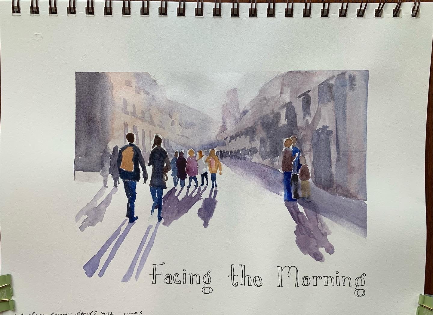 Painting by watercolor artist Roxanne Steed of people passing one another on the morning streets of florence Italy. The light seems bright and the shadows are long as people walk in morning sun.
