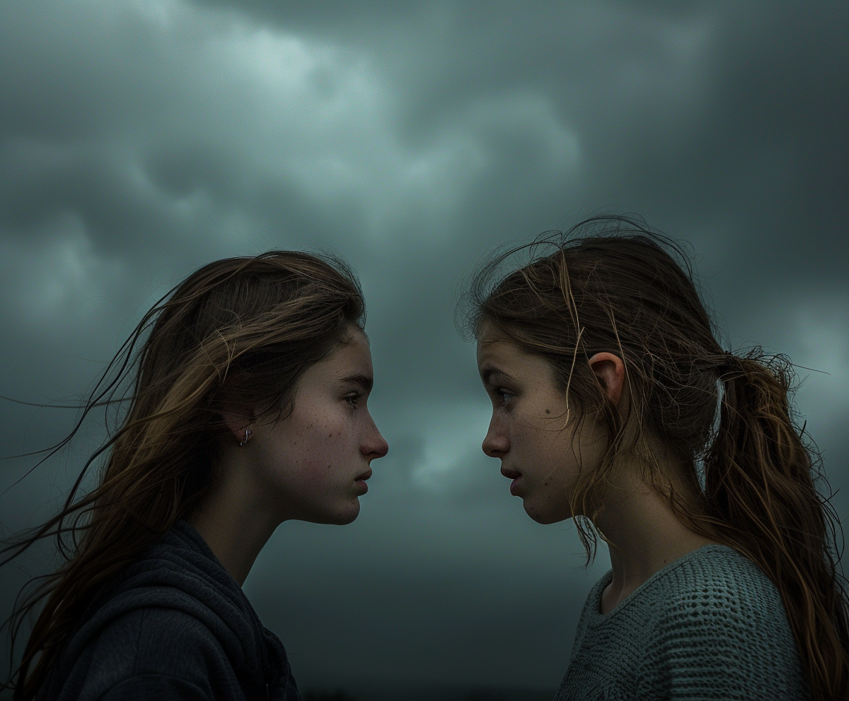 Two high school girls engage in conversation as rain clouds loom overhead, heralding an impending storm, AI generated image, created with Midjourney.