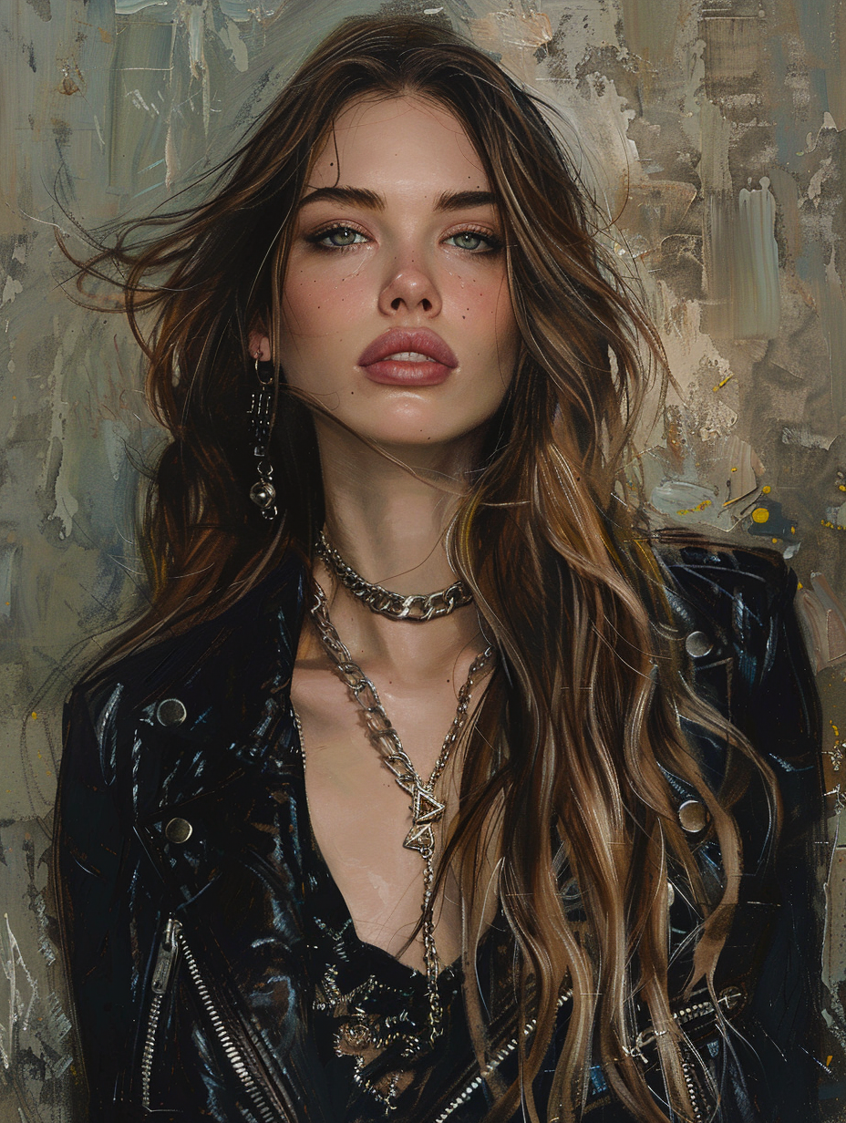 long haired stunning woman in an 80s metal band outfit, portrait fine art fashion painting, created with Midjourney AI generated image.