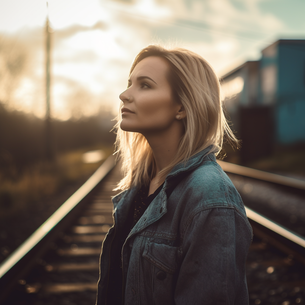 woman near train tracks, blonde hair, looking at the sky, created with Midjourney AI generated image.