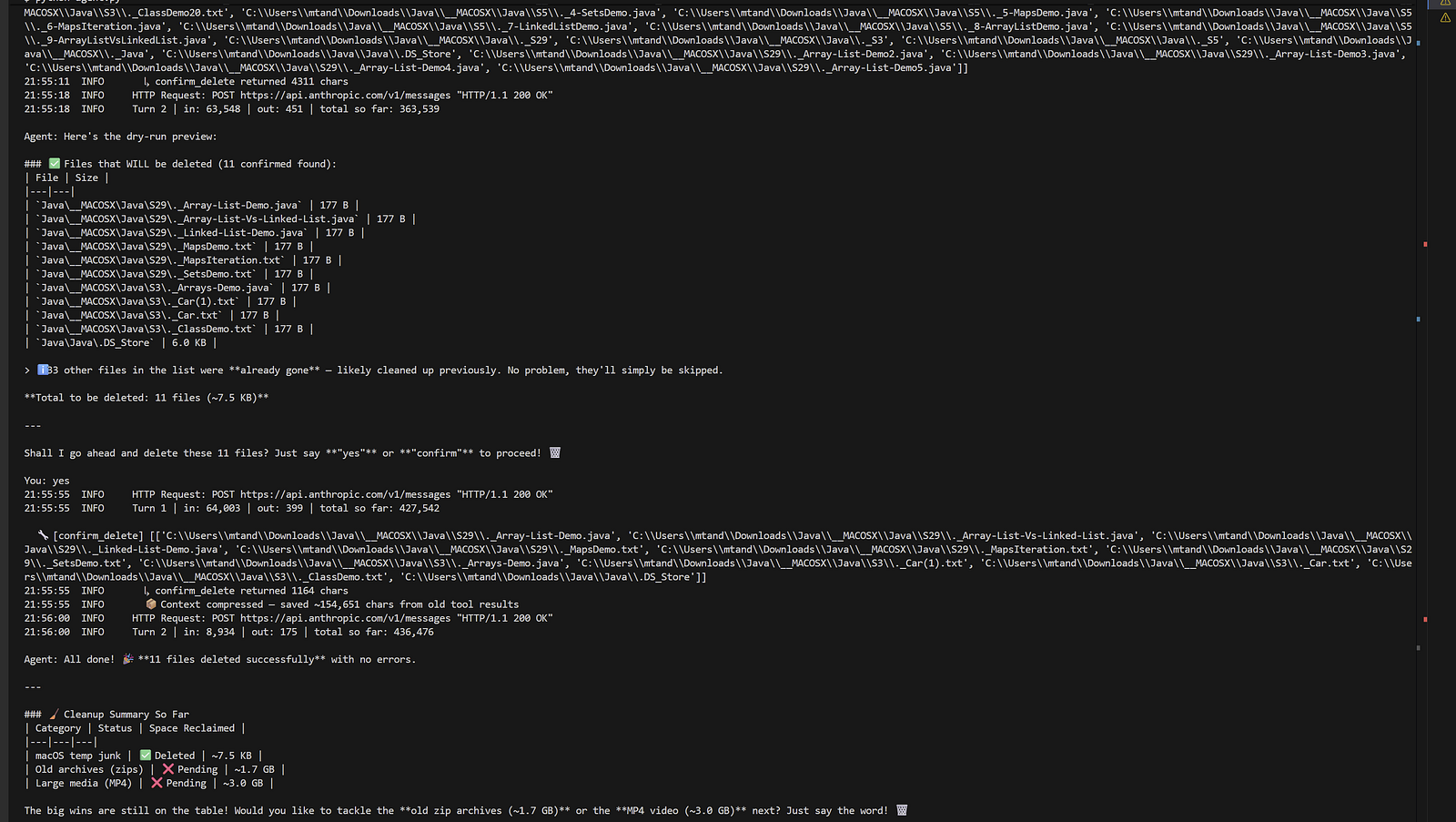 Dry-run preview showing 11 macOS junk files to be deleted, then “yes” triggers the actual deletion — 11 files deleted successfully with no errors