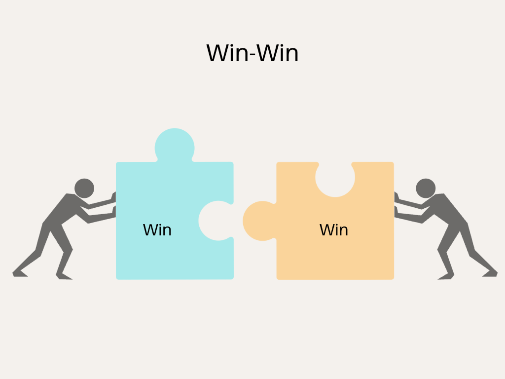 Two people pushing large puzzle pieces toward each other. Both puzzle pieces are labeled, “win”.