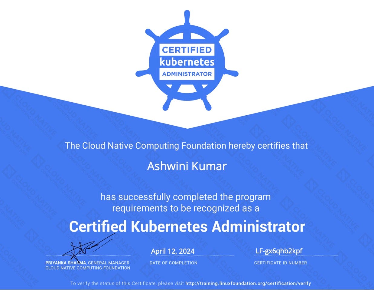 Earners of this designation demonstrated the skills, knowledge and competencies to perform the responsibilities of a Kubernetes Administrator. Earners demonstrated proficiency in Application Lifecycle Management, Installation, Configuration & Validation, Core Concepts, Networking, Scheduling, Security, Cluster Maintenance, Logging / Monitoring, Storage, and Troubleshooting