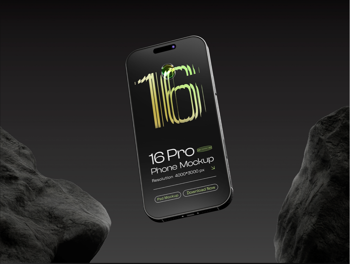 Floating iPhone 16 Pro mockup with a sleek dark UI, showcasing a high-resolution phone design template between two stone elements on a minimal background.