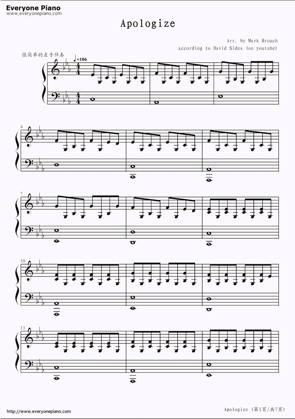 apologize one republic piano chords