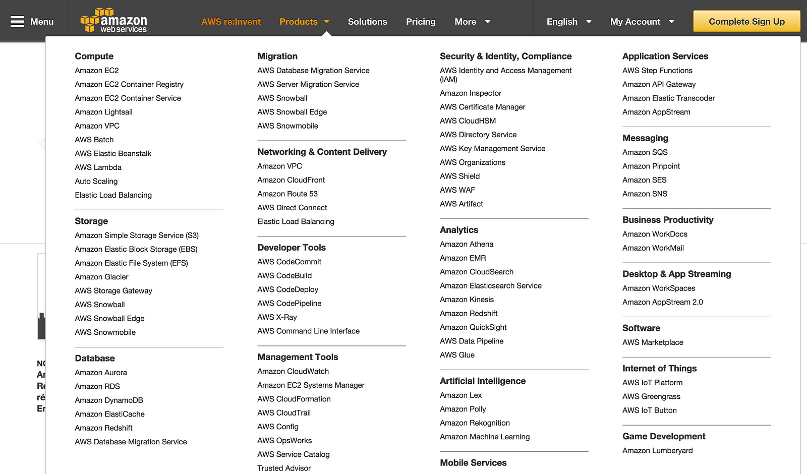 Old AWS Products Page