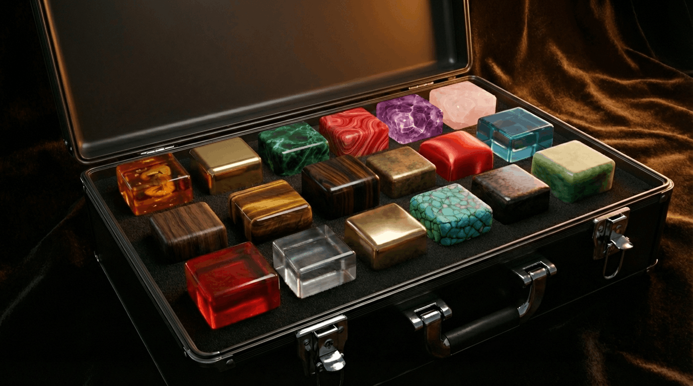 An open black professional display case containing neatly organized rows of material and color samples in smooth cube shapes, including textures of marble, wood, metal, and colored glass.
