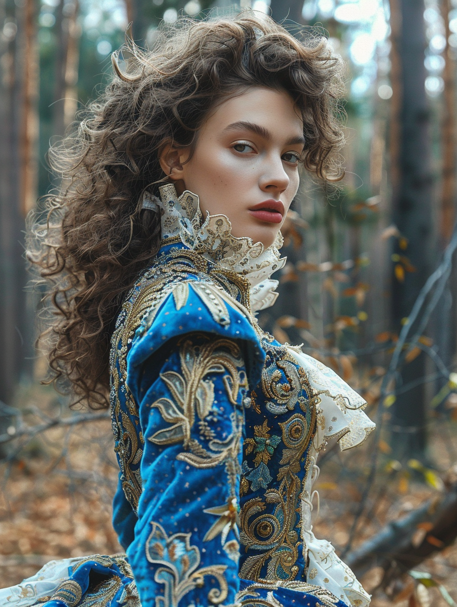 Beautiful brunette woman dressed in a fairy tale style blue dress with gold embroidered details, created with Midjourney AI image generated.