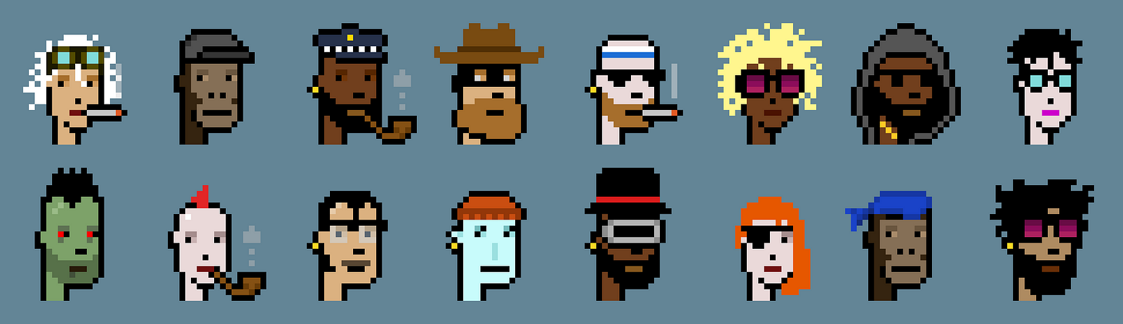 16 pixelated faces known as CryptoPunks.