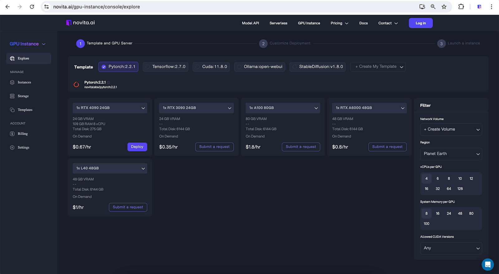 Novita AI GPU Instance Template and GPU Server