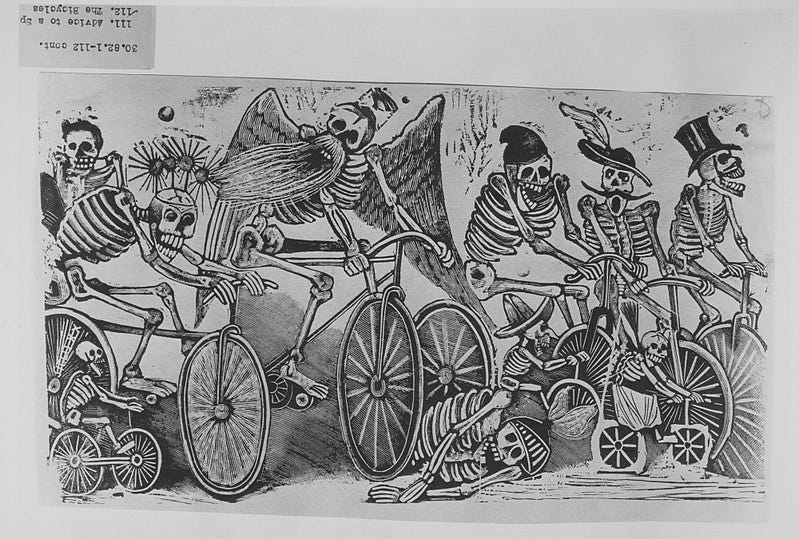 Un ilustración de calaveras andando en bicicleta.