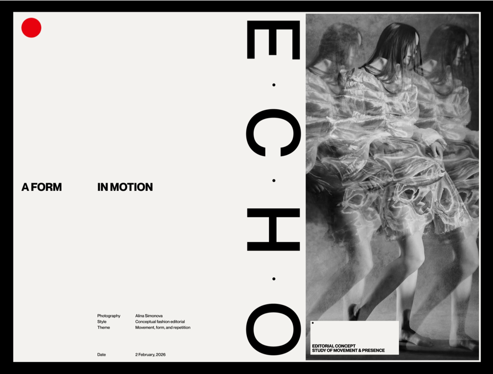 concept at the intersection of a fashion magazine and a dark portfolio. The motion-based photographs work perfectly in still images, but the key is to emphasize them with equally dynamic design ⬛️🟥