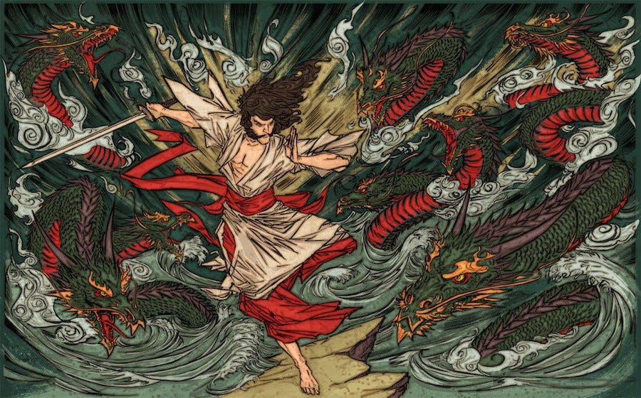 An artistic depiction of Susanoo battling Yamata-no-Orochi in Shimane Prefecture