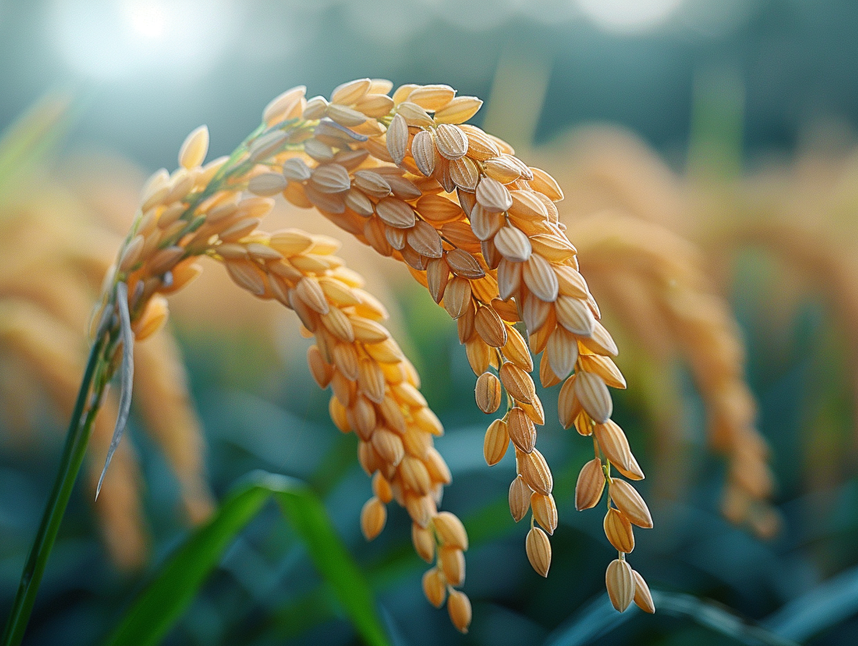 Macro photography, a large yellow rice field, created with Midjourney AI generated image.