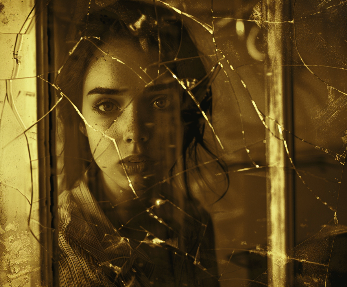 sepia-toned style image, depicting a woman staring into a cracked mirror in a decrepit hotel room, reflecting her despair, AI generated image, created with Midjourney.