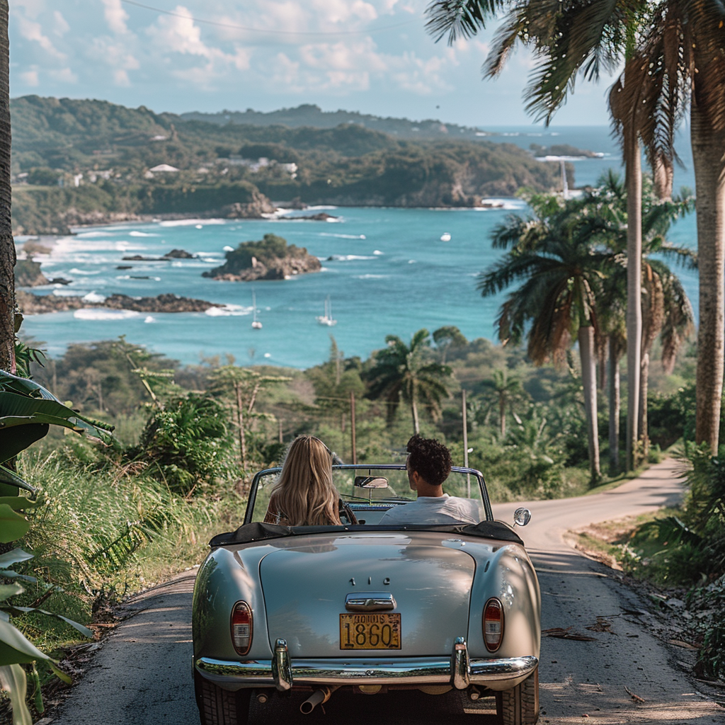 Convertible car running on coastal road in spring, couple having fun, created with Midjourney AI generated image.