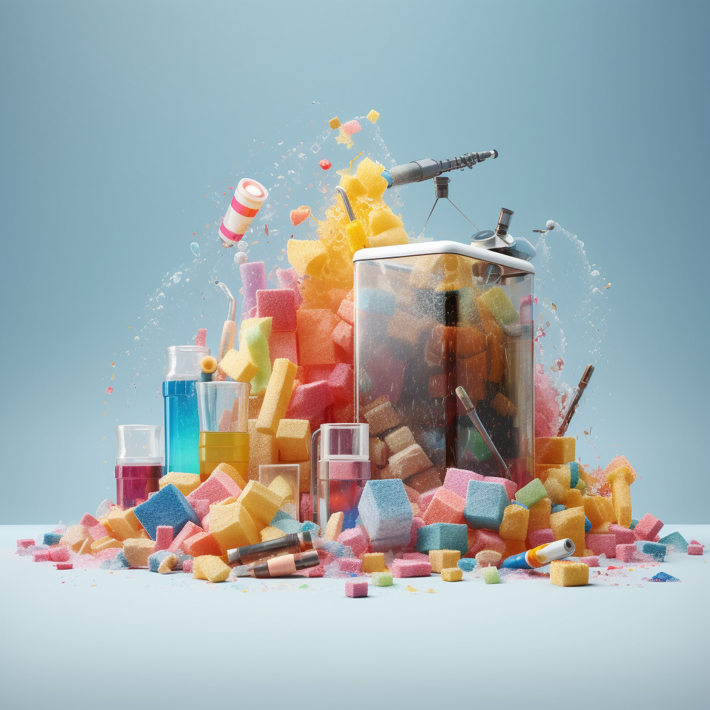 image of a factory machine with processed foods, wrapped in colorful packaging, created with Midjourney AI generated image.