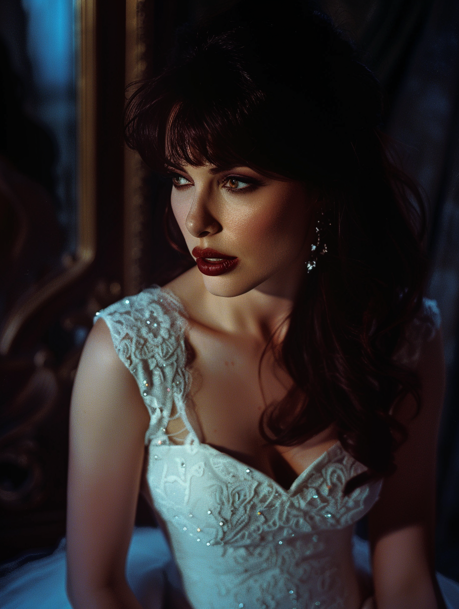 A beautiful dark haired woman wearing a white detailed dress, standing in front of an antique mirror, AI generated image, created with Midjourney.