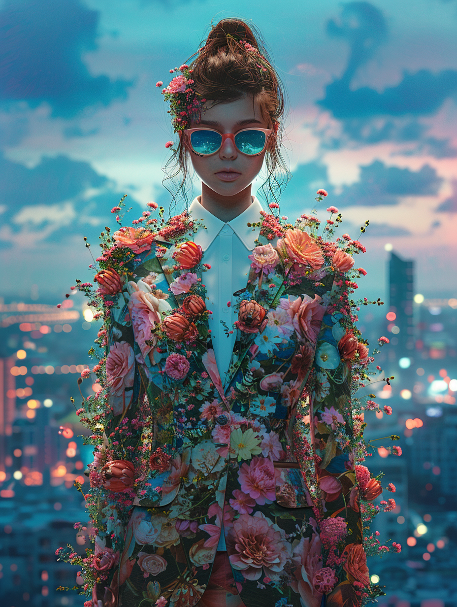 business lady girl in a formal suit, the suit is made of lush flower buds, created with Midjourney AI generated image.