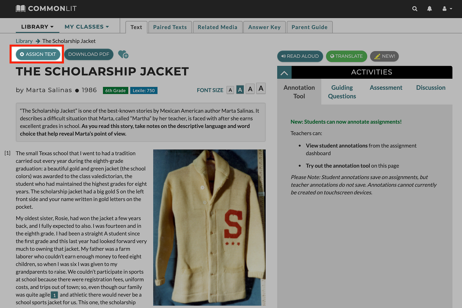 The CommonLit lesson "The Scholarship Jacket" with the "Assign Text" button boxed in red.