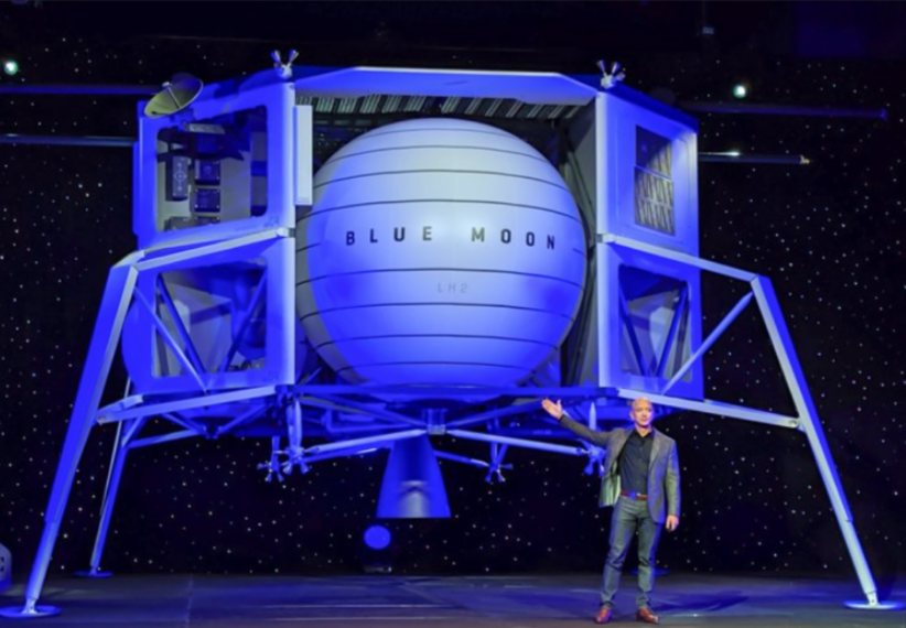 Blue Moon, lunar lander replica, at the Washington Convention Center, with Jeff Bezos standing in front of it