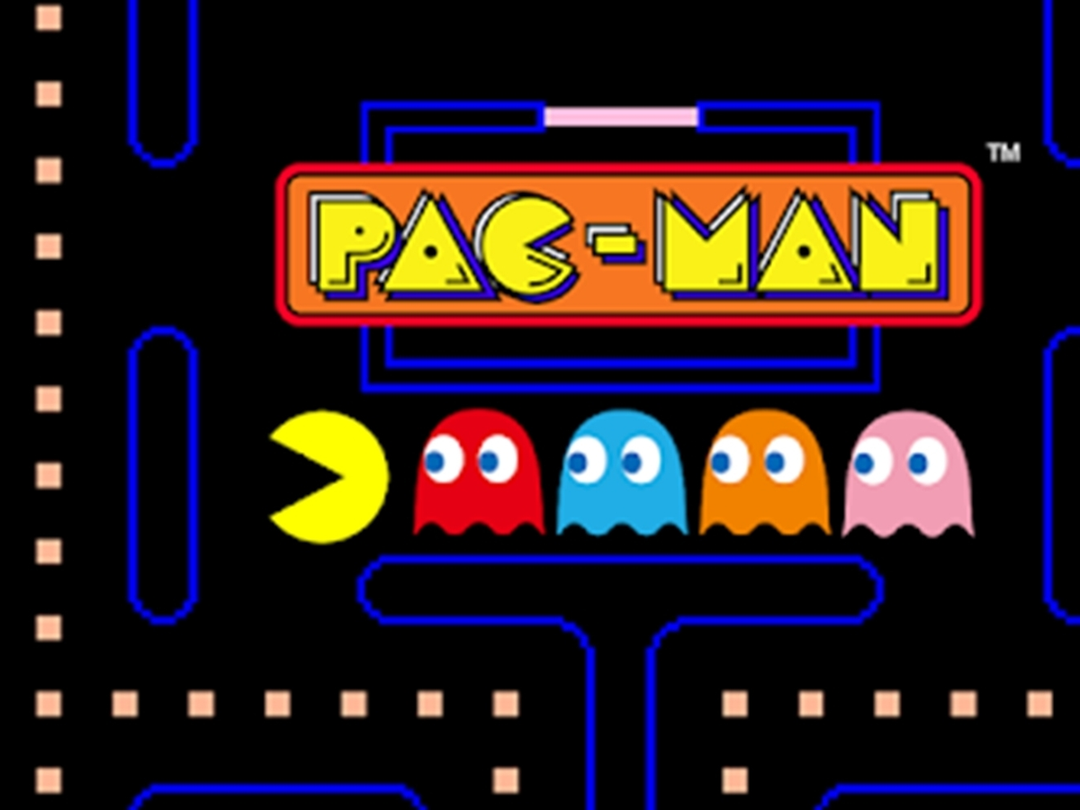 Pac-Man logo with Pac-Man being chased by 4 ghosts.