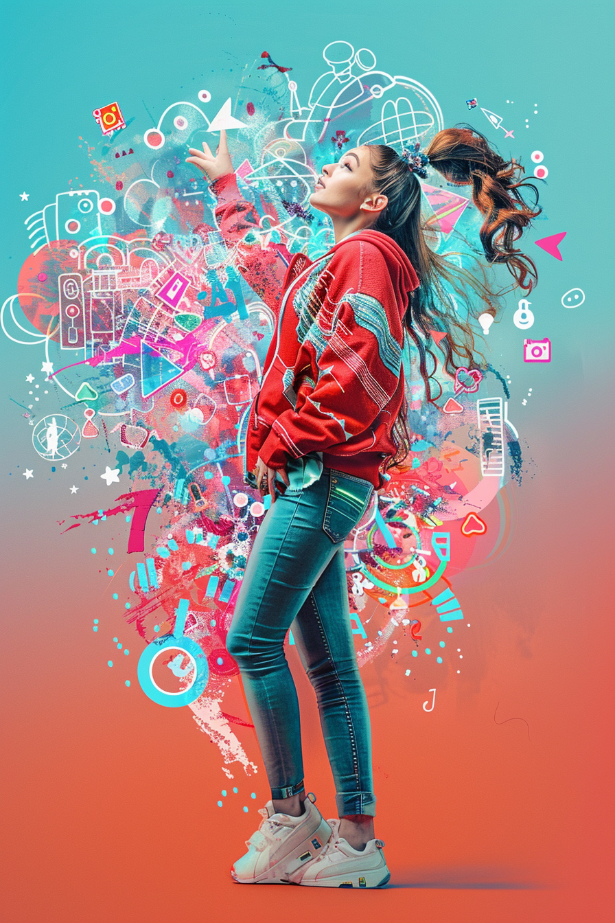 A stylish girl in a whimsical pose, set against a pastel-colored background with various digital icons and elements, vibrant, stylized digital illustration, created with Midjourney AI generated image.