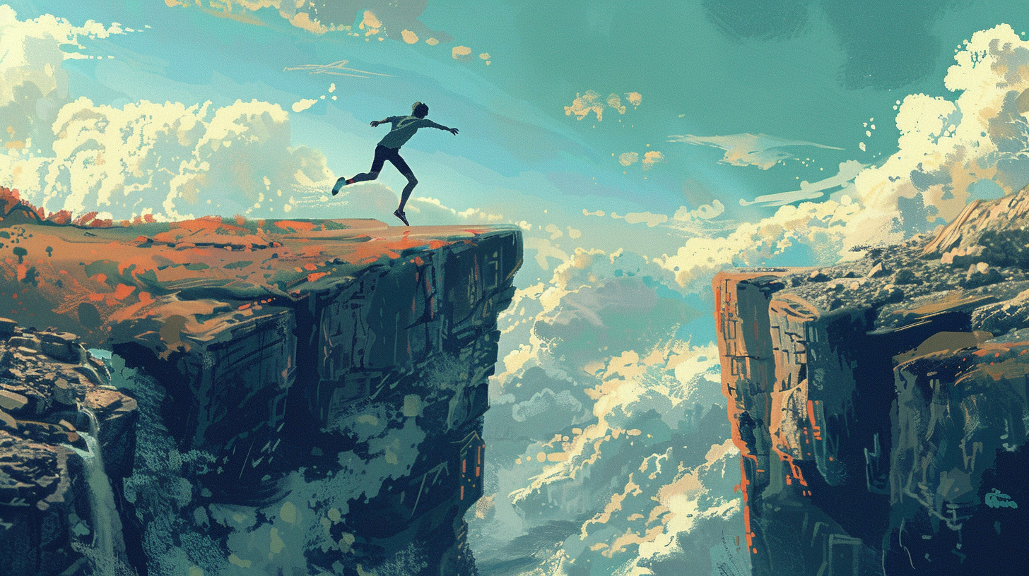 A man jumping over a chasm