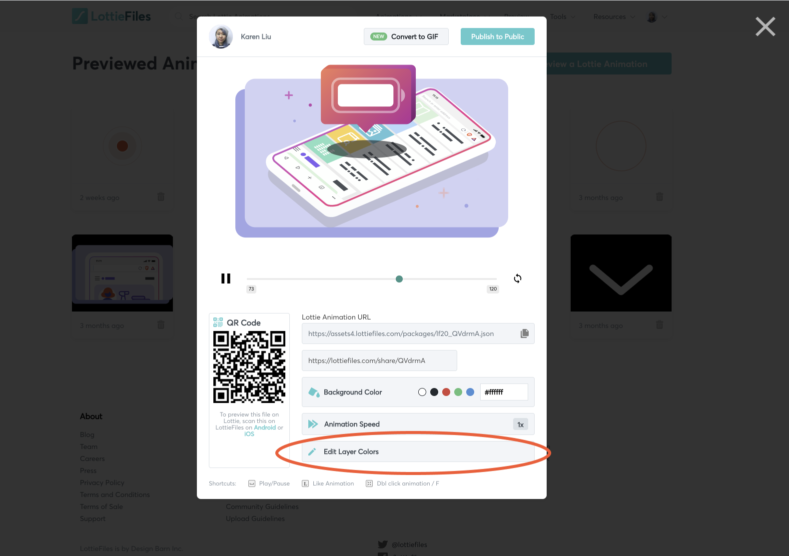 “Edit Layer Colors” in the LottieFiles animation preview opens the Lottie Editor