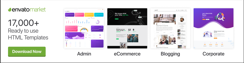 Envato Market Advertisement Showcasing HTML Templates for Admin, eCommerce, Blogging, and Corporate Websites