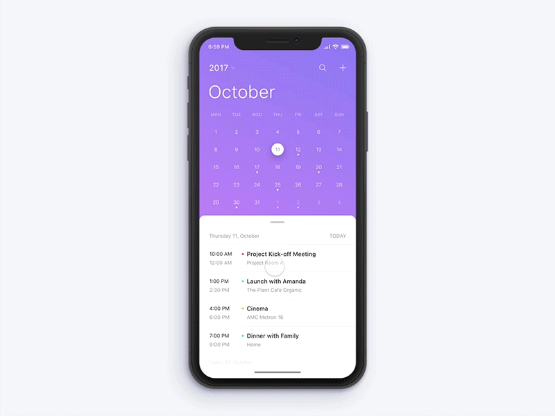 Calendar app prototype for the iPhone X.
