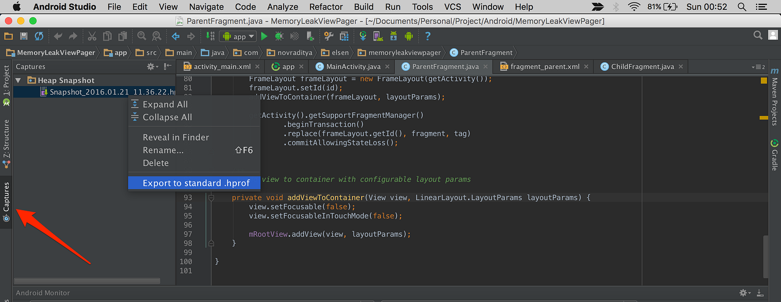 nest frgament inside listview android studio