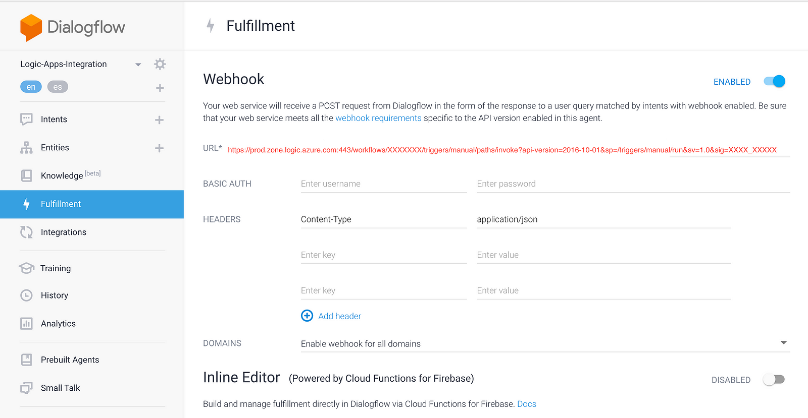 URL modificada para que DialogFlow se integre con Logic APP