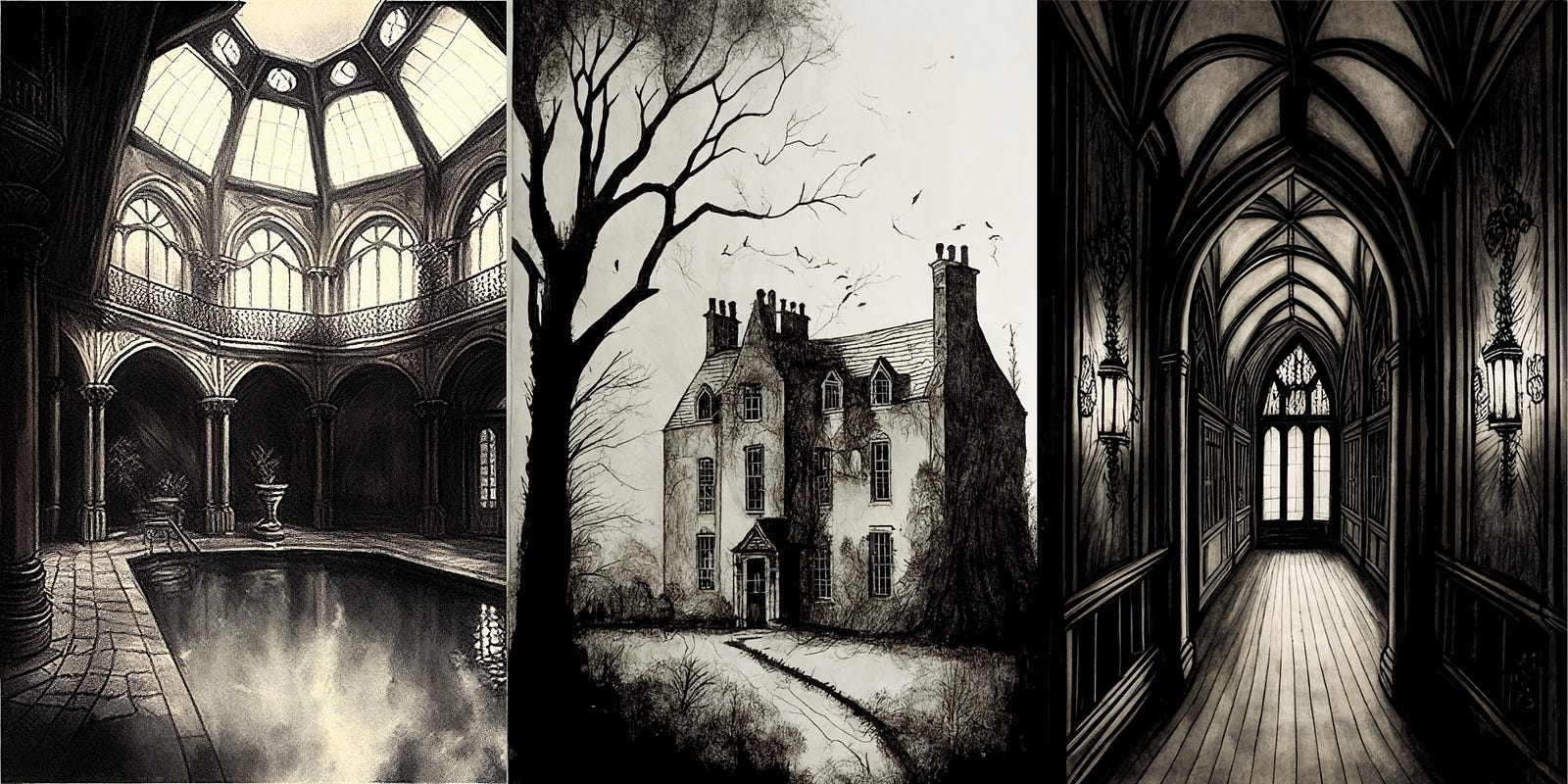 gothic pen and ink drawings of a manor house, images created with Midjourney