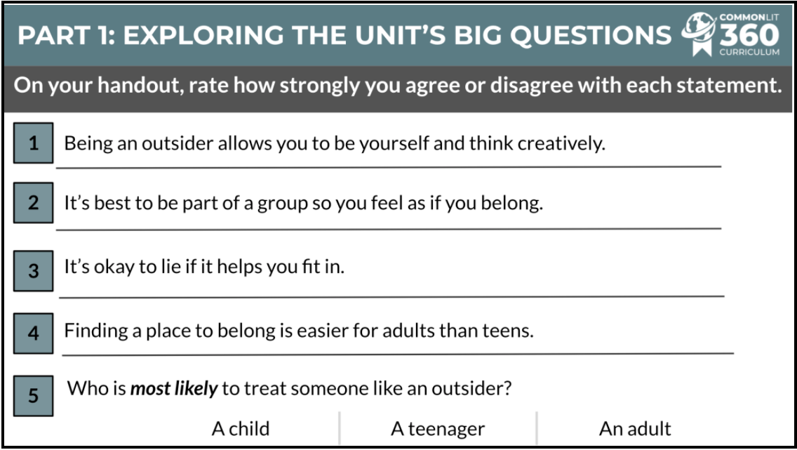 A slide with several position statements about fitting in a group or being an outsider.