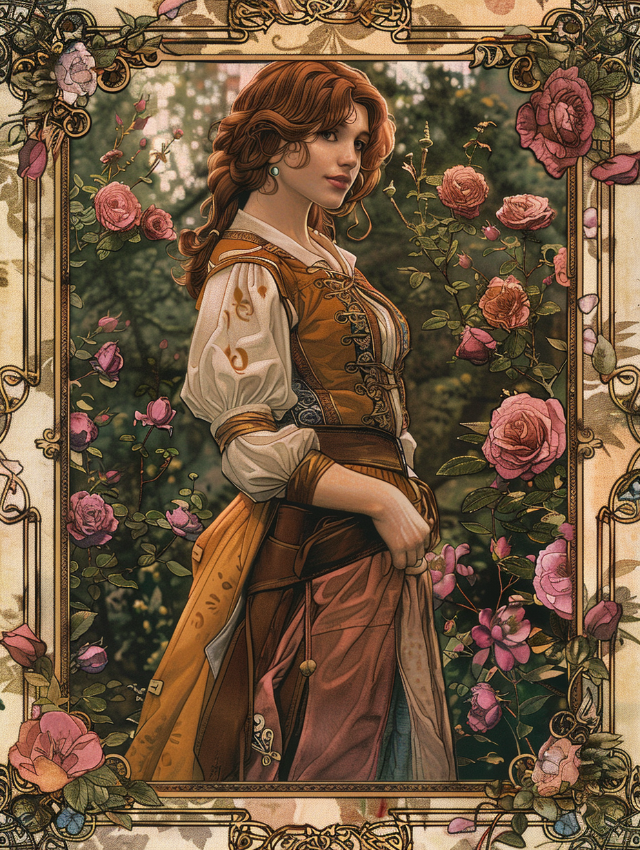 The wheel of fortune tarot card wild rose, brown haired woman in medieval clothing, illustration, AI generated image, created with Midjourney.