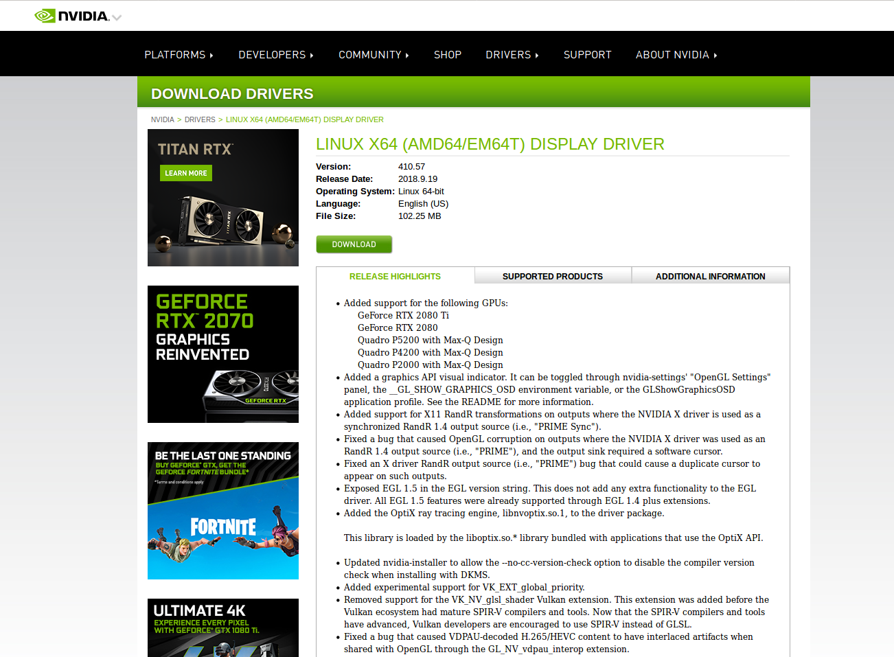 nvidia page to download the display driver - install fortnite linux