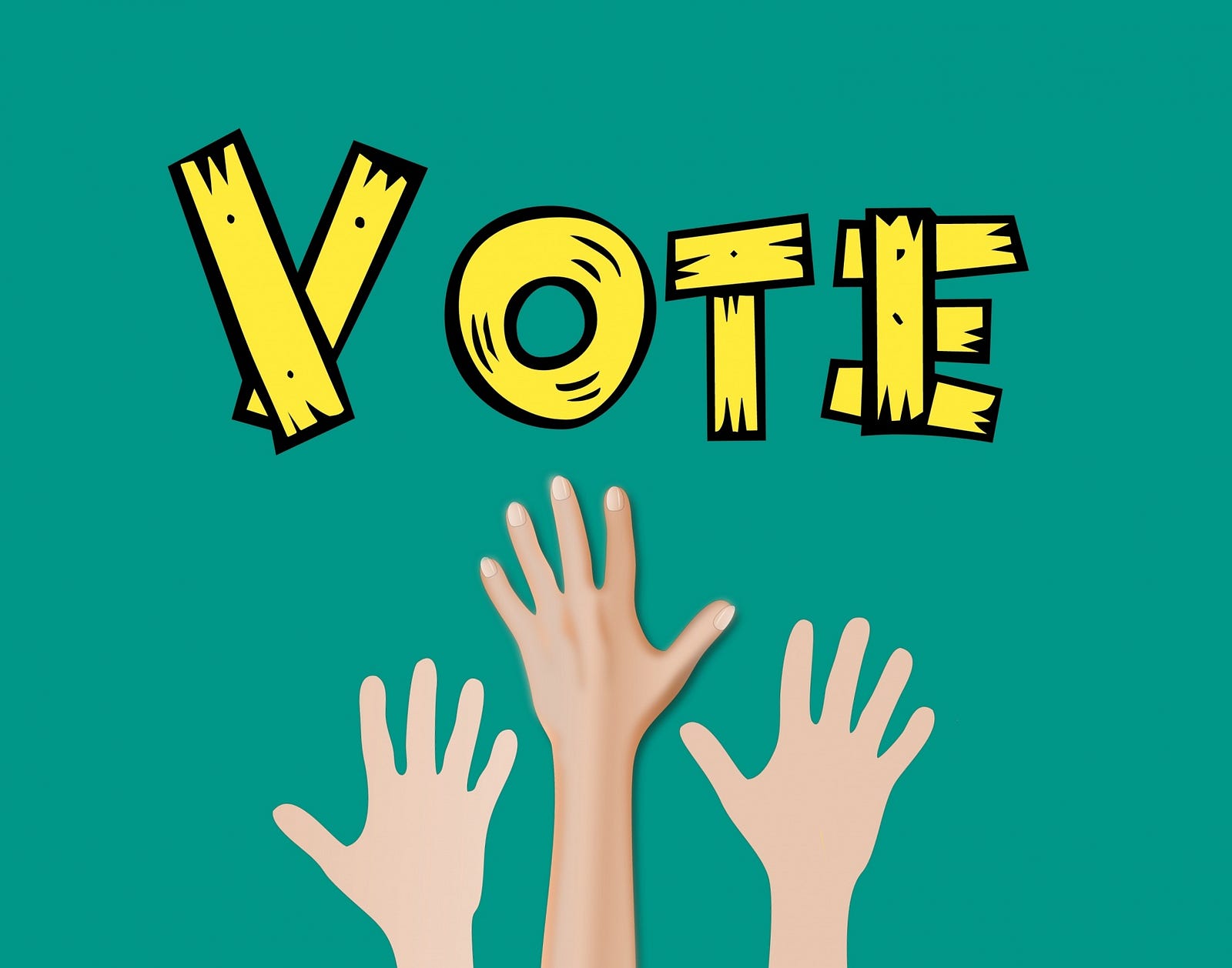 Image of “Vote” with three hands of different color shades reaching up toward it. Public domain image via Mohamed Hassan.