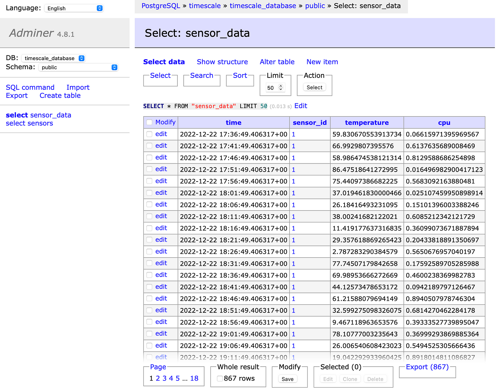Adminer — sensor_data hypertable