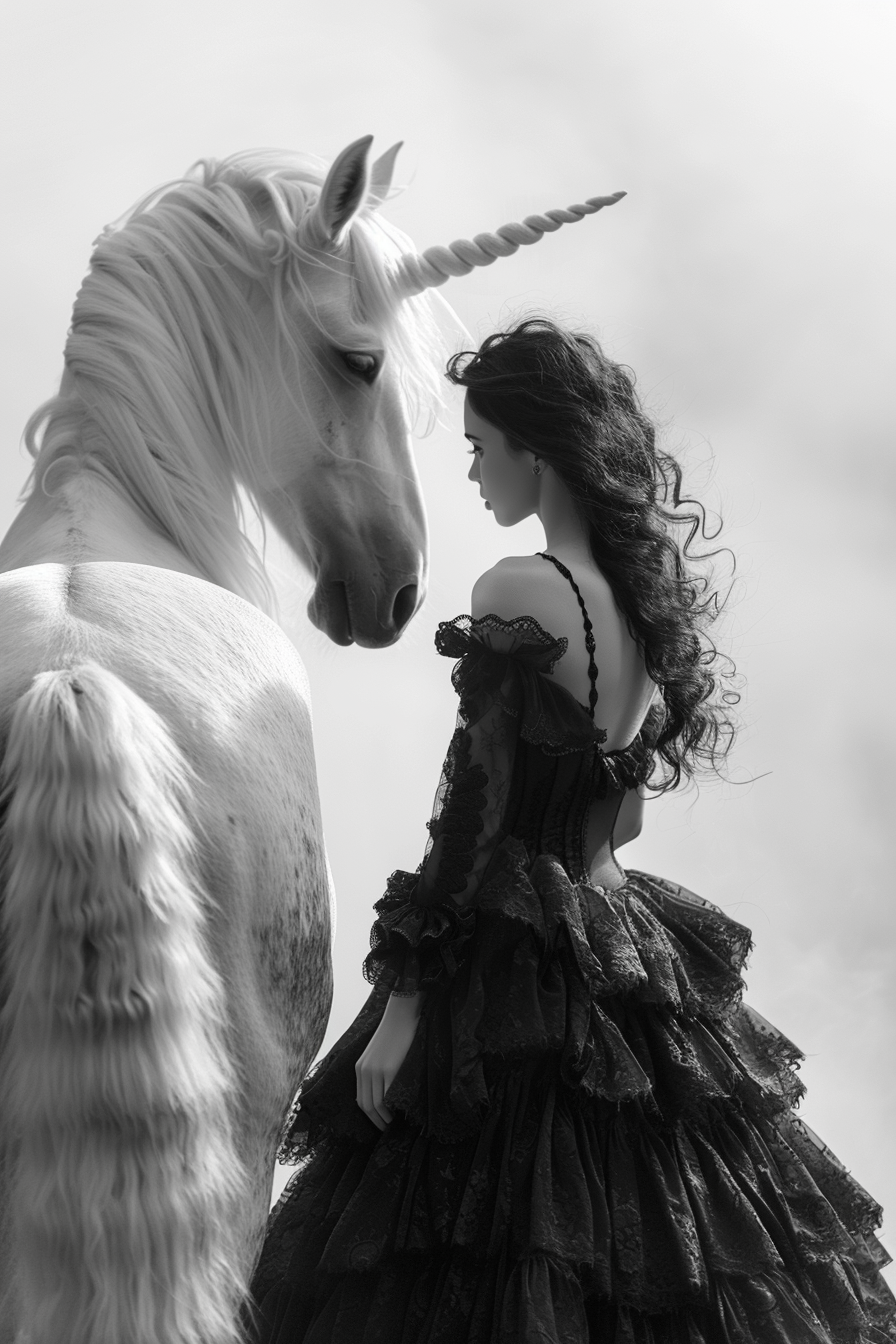 a white unicorn standing facing the camera with a long mane with a beautiful woman in a black dress with ruffles, AI generated image, created with Midjourney.