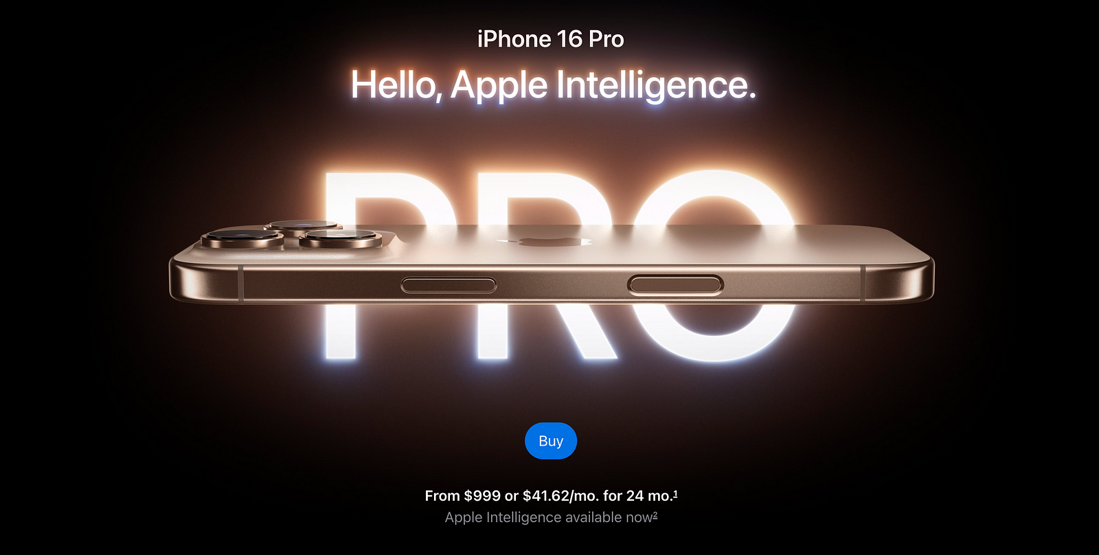 3D-rendered image of the iPhone 16 Pro floating against a glowing “PRO” backdrop.