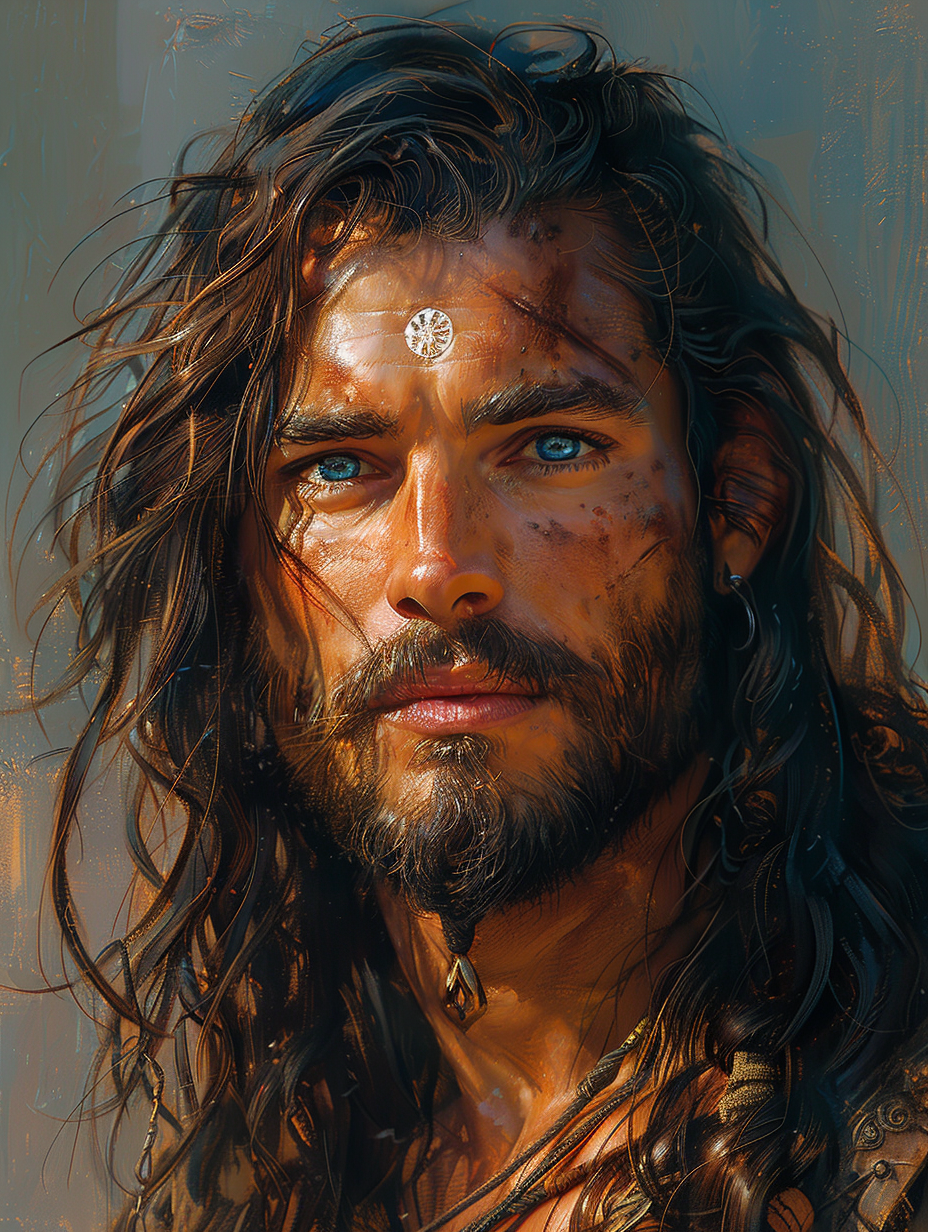 A handsome man, in his twenties, charming smile, with long dark hair and big bushy beard, he wears a glowing druidic white gem on a circlet over his brow, medieval warrior, created with Midjourney AI generated image.