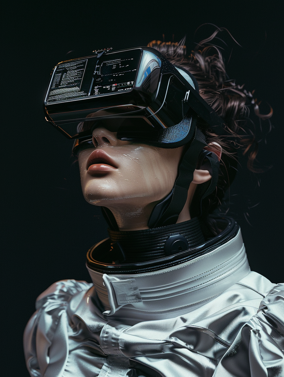 woman wearing black VR glasses and a spacesuit, black background, created with Midjourney AI generated image.